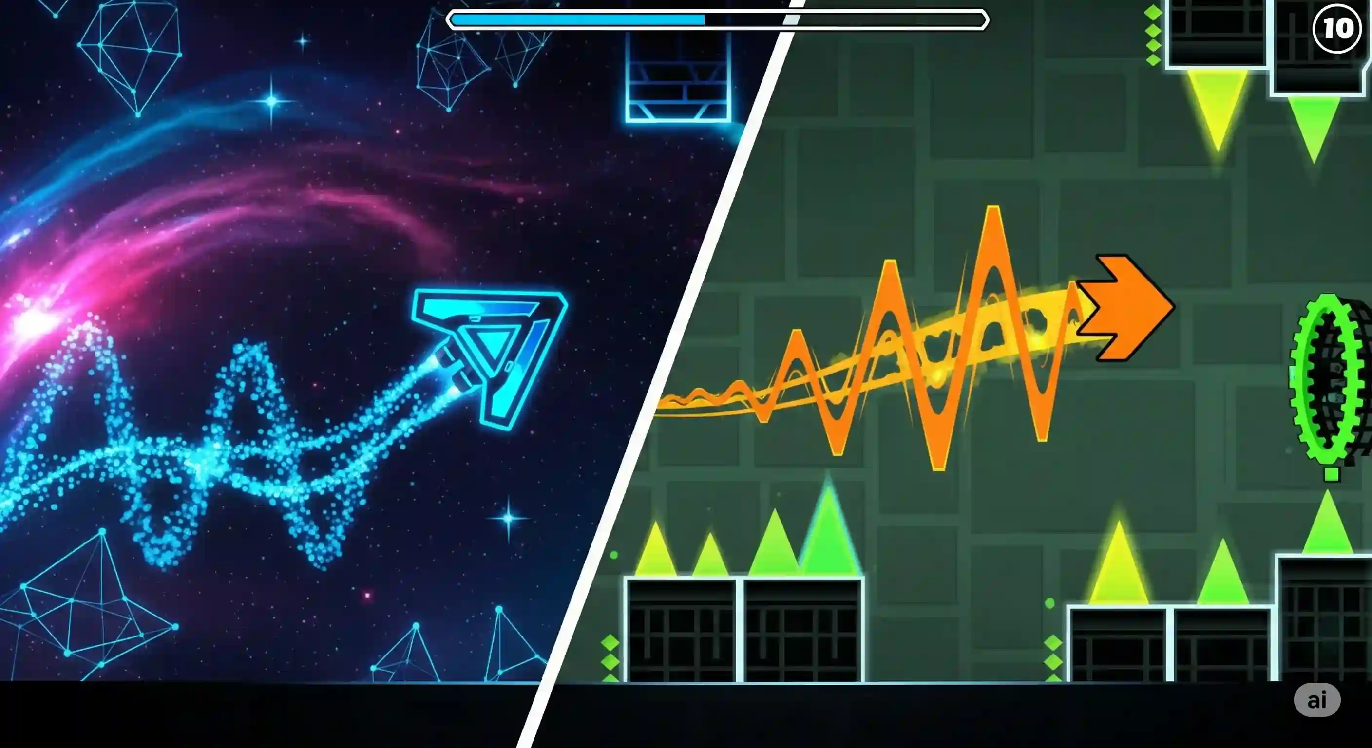 Comparison showing the wave gameplay in Space Waves and Geometry Dash.