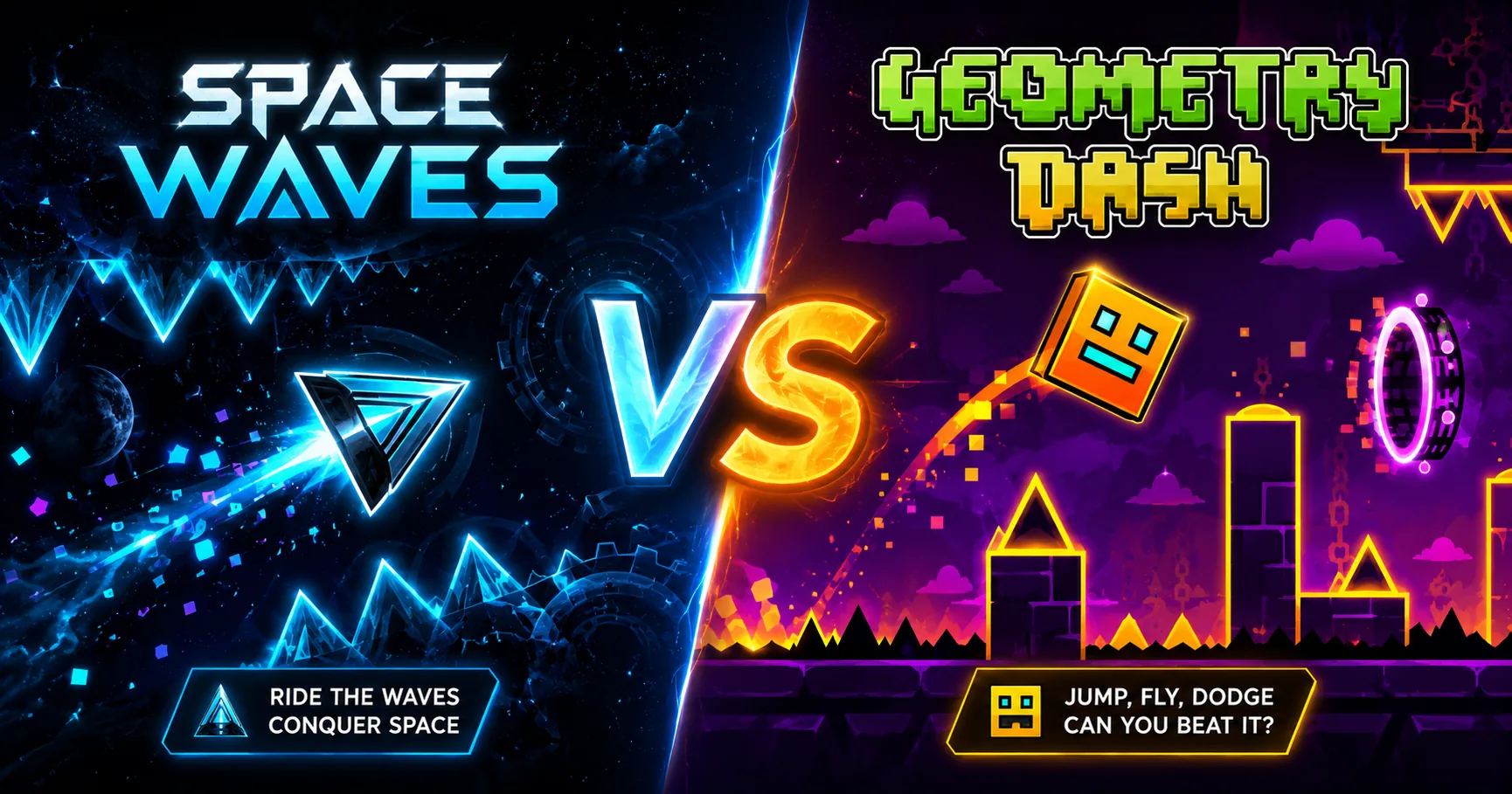 Space Waves vs Geometry Dash comparison — two games side by side with a VS divider.